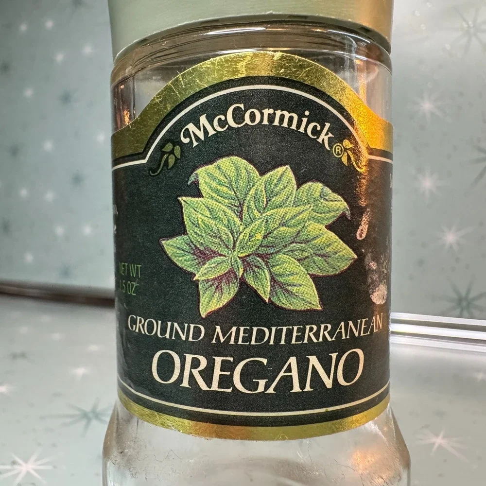 Vintage McCormick Mediterranean Oregano Jar Green Label & Lid Glass Spice Bottle